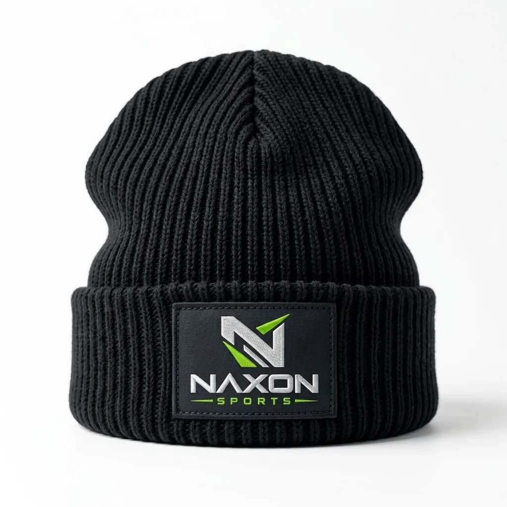 Custom Ribbed Knit Beanie Design 1 – ribbed knit beanie mock-up made by Naxon Sports, Sialkot