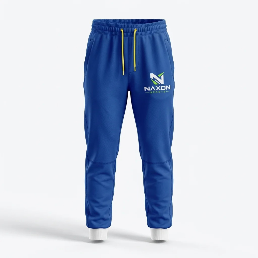 Custom Royal Blue Sports Joggers Design 1 – royal blue sports joggers mock-up made by Naxon Sports, Sialkot
