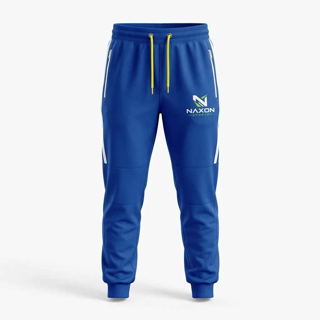 Custom Royal Blue Sweatpants Design 1 – royal blue sweatpants mock-up made by Naxon Sports, Sialkot