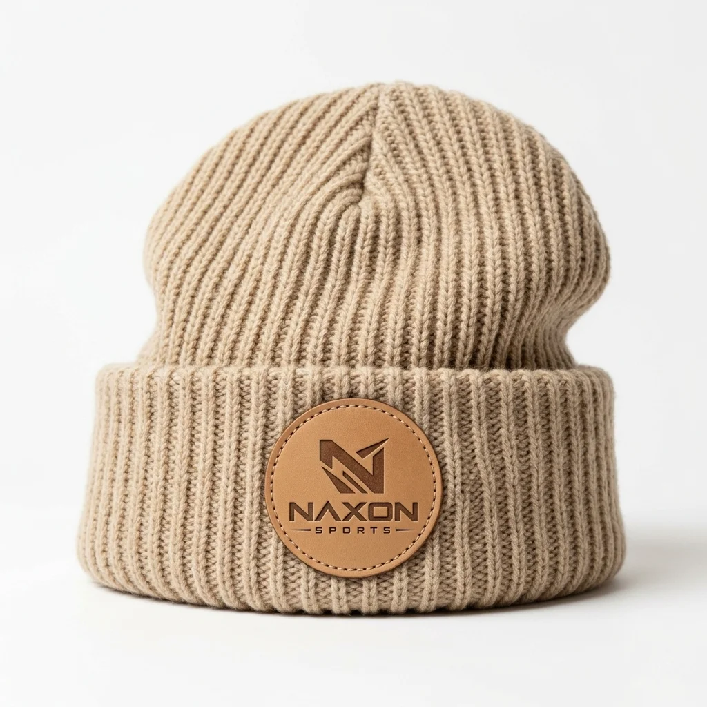 Custom Sand Beige Ribbed Beanie Design 1 – sand beige ribbed beanie mock-up made by Naxon Sports, Sialkot