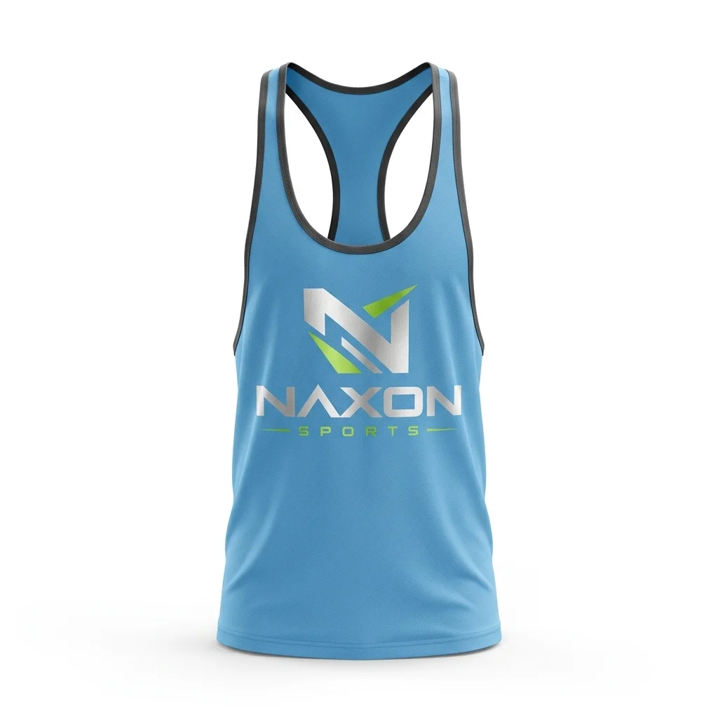 Custom Sky Blue Bodybuilding Tank Top Design 1 – sky blue bodybuilding tank top mock-up made by Naxon Sports, Sialkot