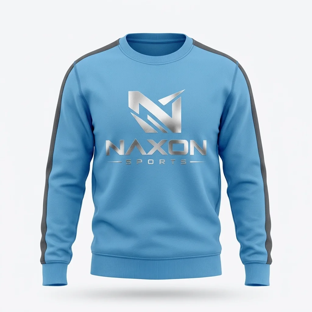 Custom Sky Blue Gym Sweatshirt Design 1 – sky blue gym sweatshirt mock-up made by Naxon Sports, Sialkot