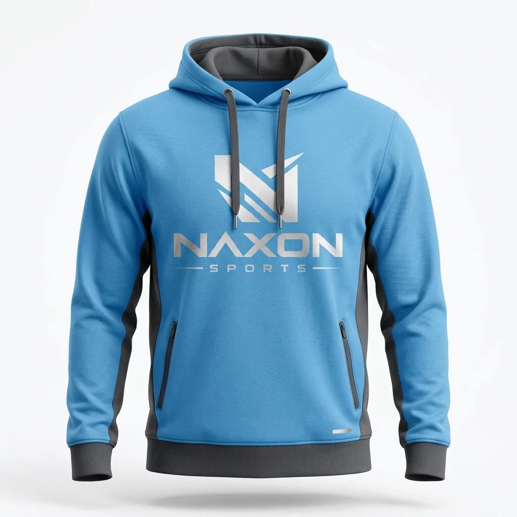 Custom Sky Blue Hoodie Design 1 – sky blue hoodie mock-up made by Naxon Sports, Sialkot