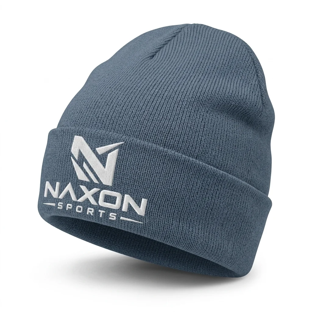 Custom Slate Blue Beanie Embroidered Logo Design 1 – slate blue beanie embroidered logo mock-up made by Naxon Sports, Sialkot