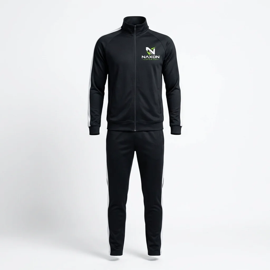 Custom Slim Fit Tracksuit Design 1 – slim fit tracksuit mock-up made by Naxon Sports, Sialkot