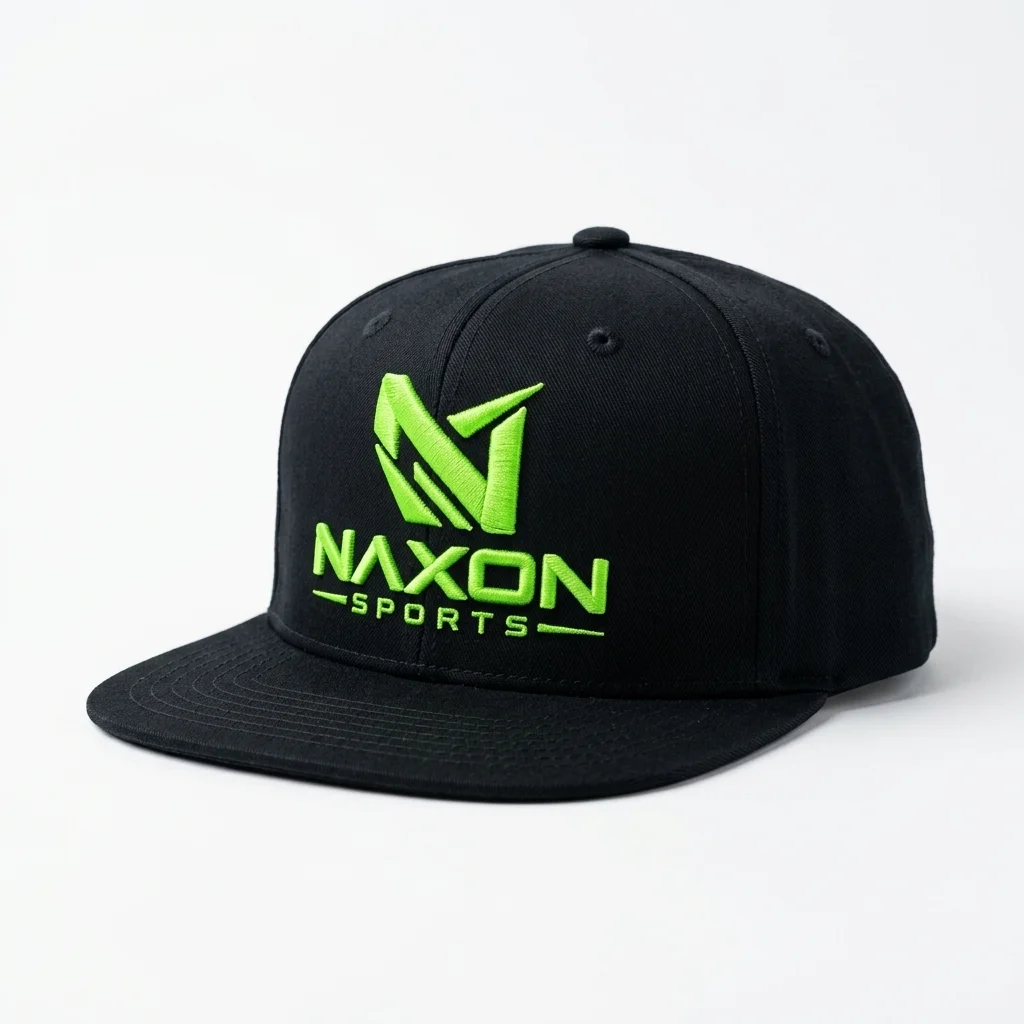 Custom Snapback Cap With Embroidered Logo Design 1 – snapback cap with embroidered logo mock-up made by Naxon Sports, Sialkot