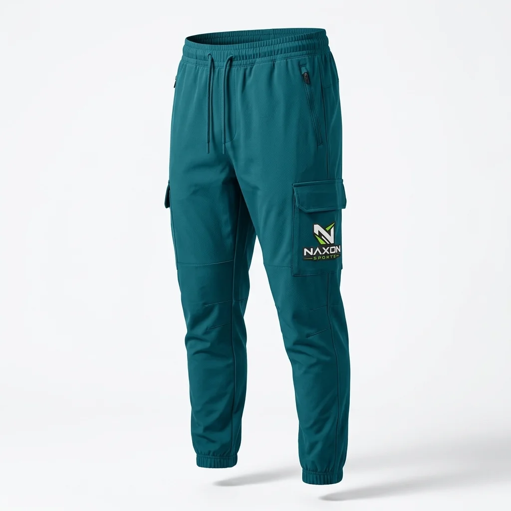 Custom Teal Athletic Cargo Pants Design 1 – teal athletic cargo pants mock-up made by Naxon Sports, Sialkot