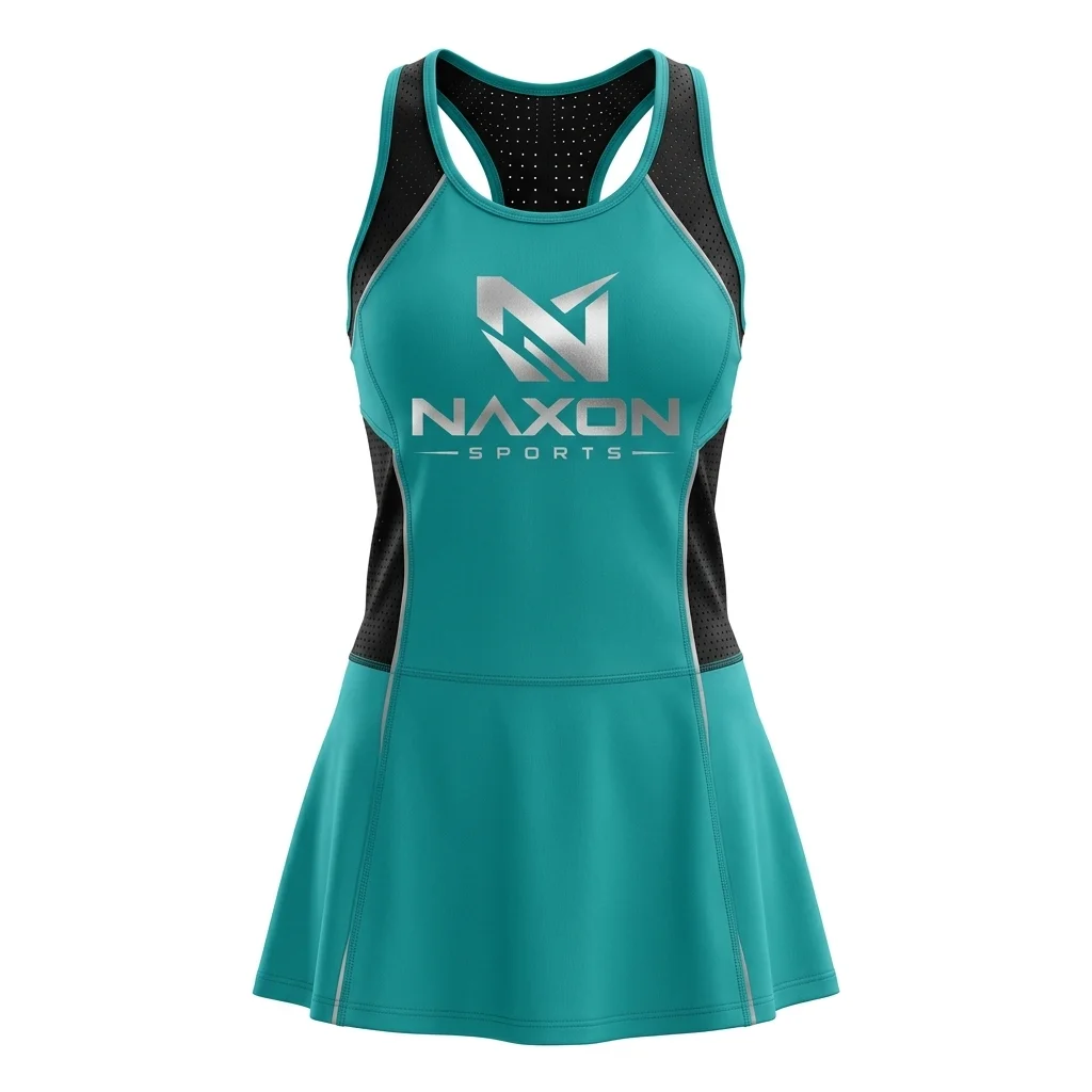 Custom Teal Athletic Dress Design 1 – teal athletic dress mock-up made by Naxon Sports, Sialkot