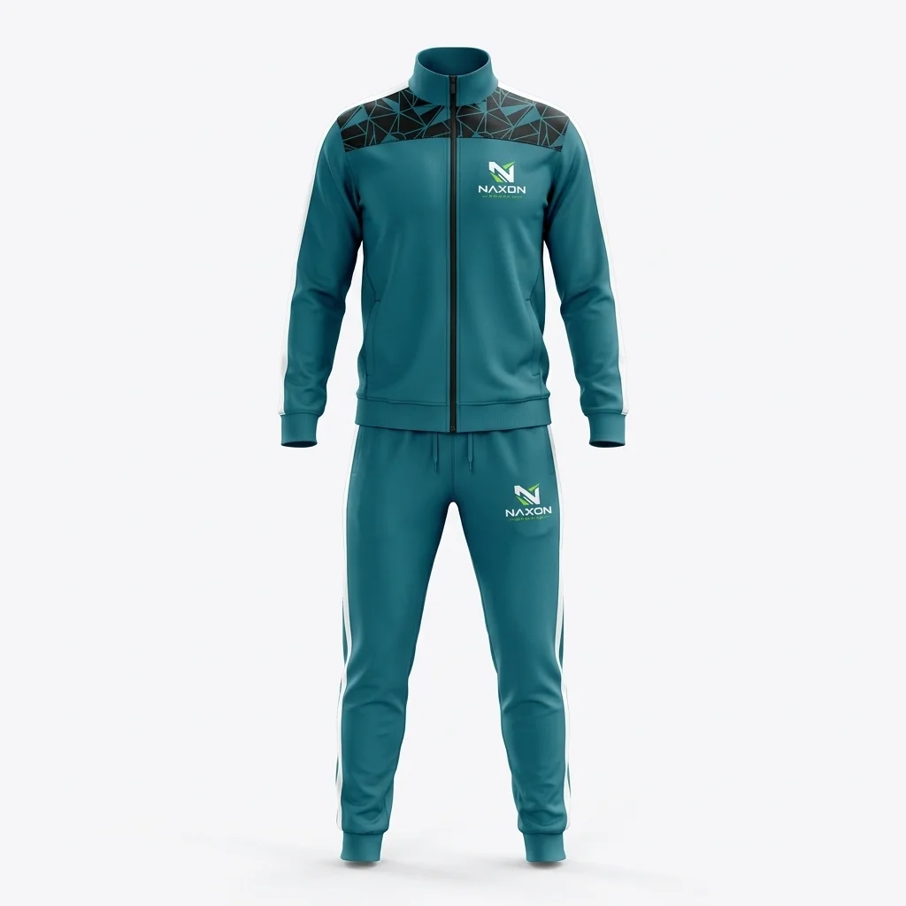 Custom Teal Athletic Gym Tracksuit Design 1 – teal athletic gym tracksuit mock-up made by Naxon Sports, Sialkot