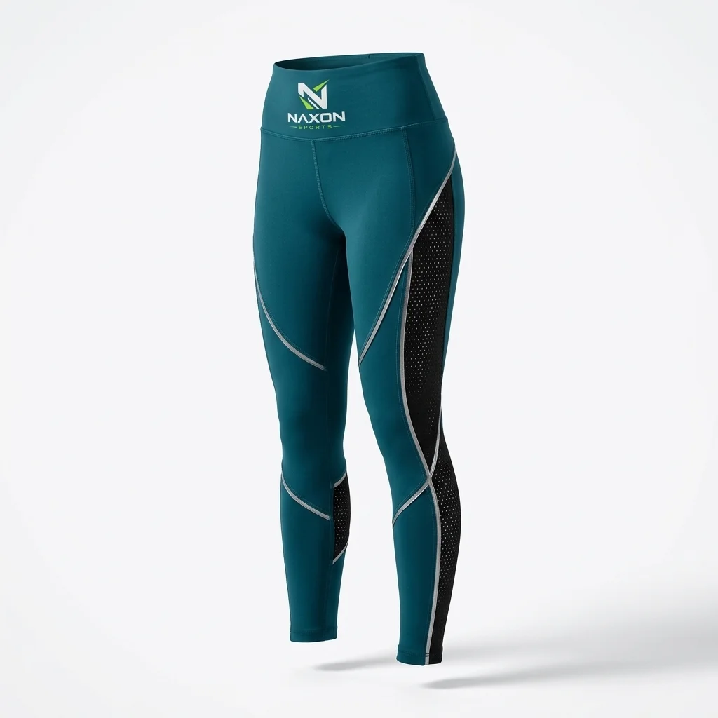 Custom Teal Athletic Leggings Design 1 – teal athletic leggings mock-up made by Naxon Sports, Sialkot