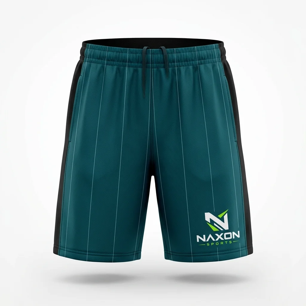 Custom Teal Athletic Shorts Design 1 – teal athletic shorts mock-up made by Naxon Sports, Sialkot