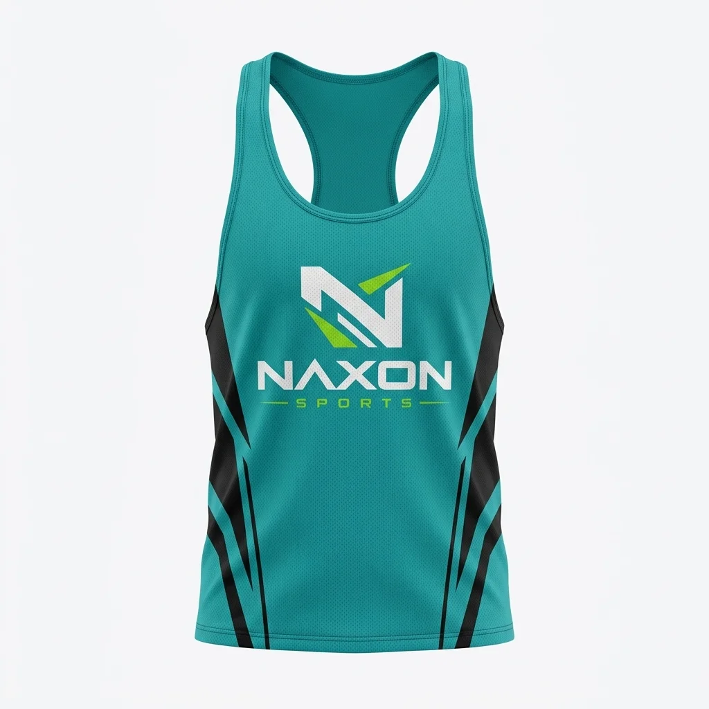 Custom Teal Bodybuilding Tank Top Design 1 – teal bodybuilding tank top mock-up made by Naxon Sports, Sialkot