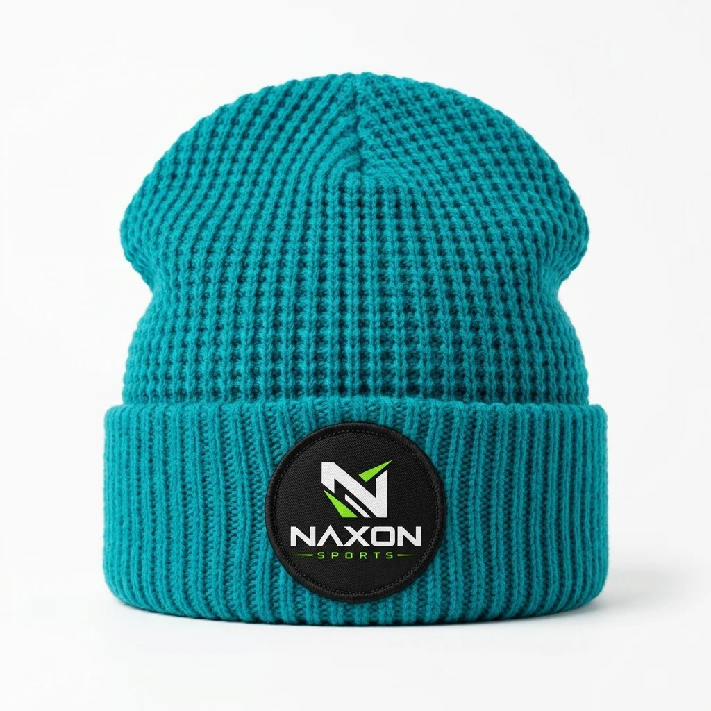 Custom Teal Honeycomb Knit Beanie Design 1 Custom Teal Honeycomb Knit Beanie Design 1 – teal honeycomb knit beanie mock-up made by Naxon Sports, Sialkot