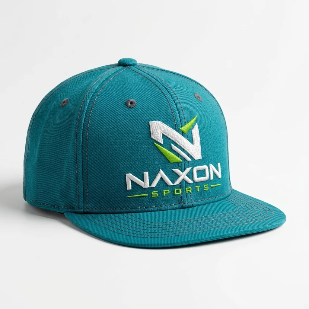Custom Teal Snapback Cap Design 1 – teal snapback cap mock-up made by Naxon Sports, Sialkot