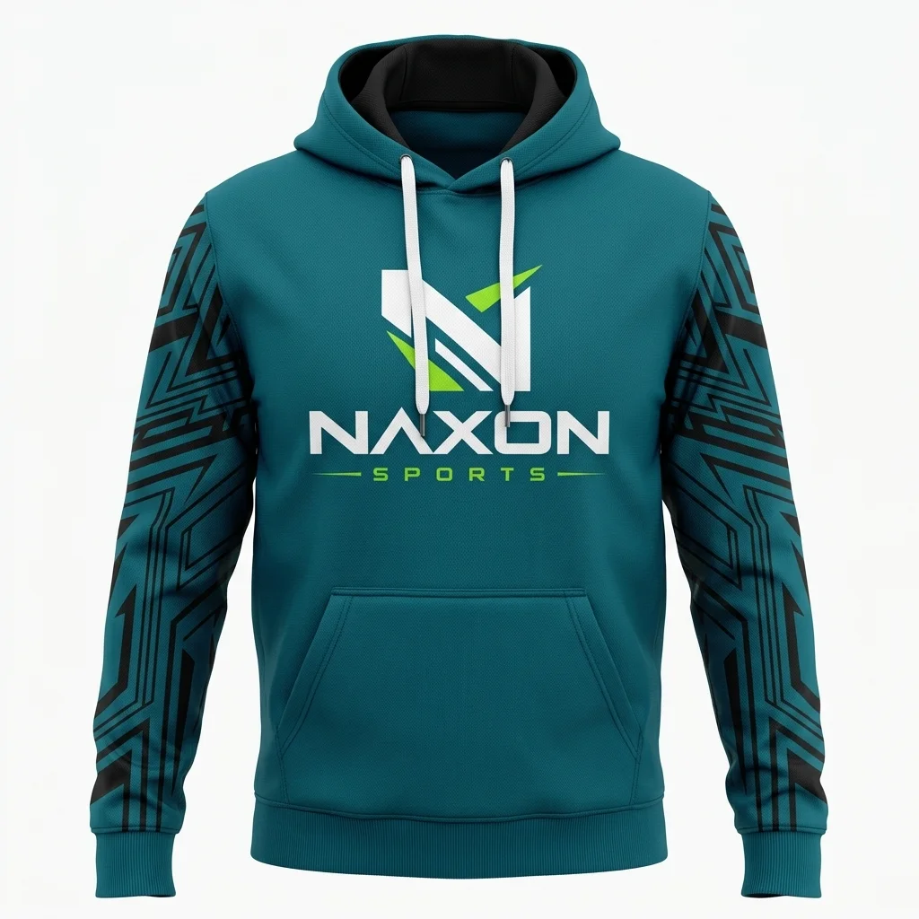 Custom Teal Sports Hoodie Design 1 – teal sports hoodie mock-up made by Naxon Sports, Sialkot