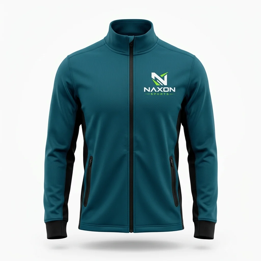Custom Teal Sports Jacket Design 1 – teal sports jacket mock-up made by Naxon Sports, Sialkot