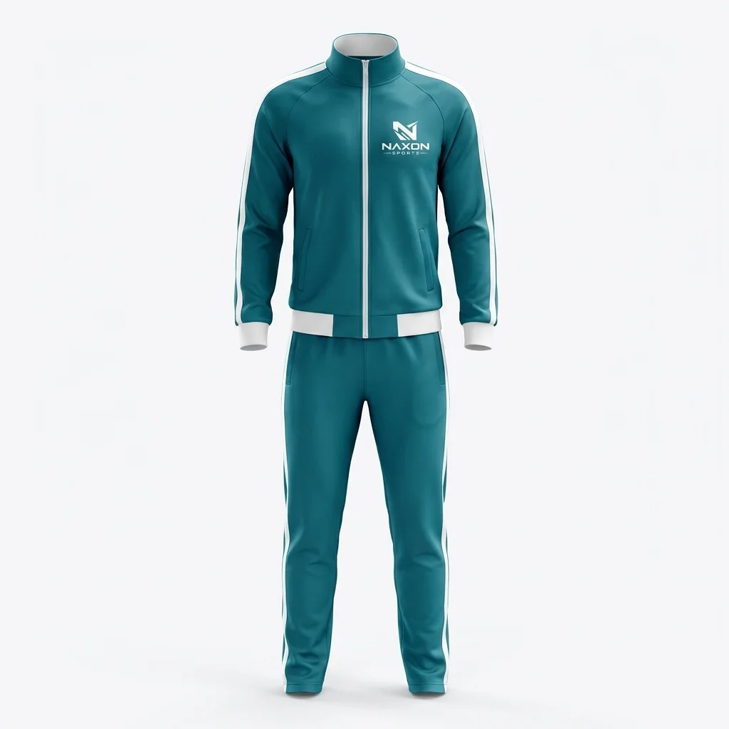 Custom Teal Zip-Up Tracksuit Design 1 – teal zip-up tracksuit mock-up made by Naxon Sports, Sialkot