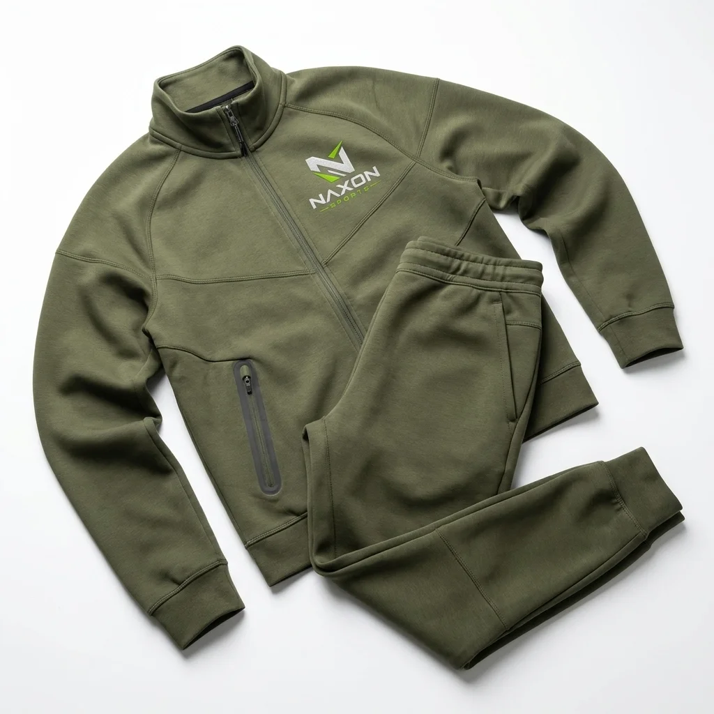 Custom Tech Fleece Tracksuit Design 1 – tech fleece tracksuit mock-up made by Naxon Sports, Sialkot