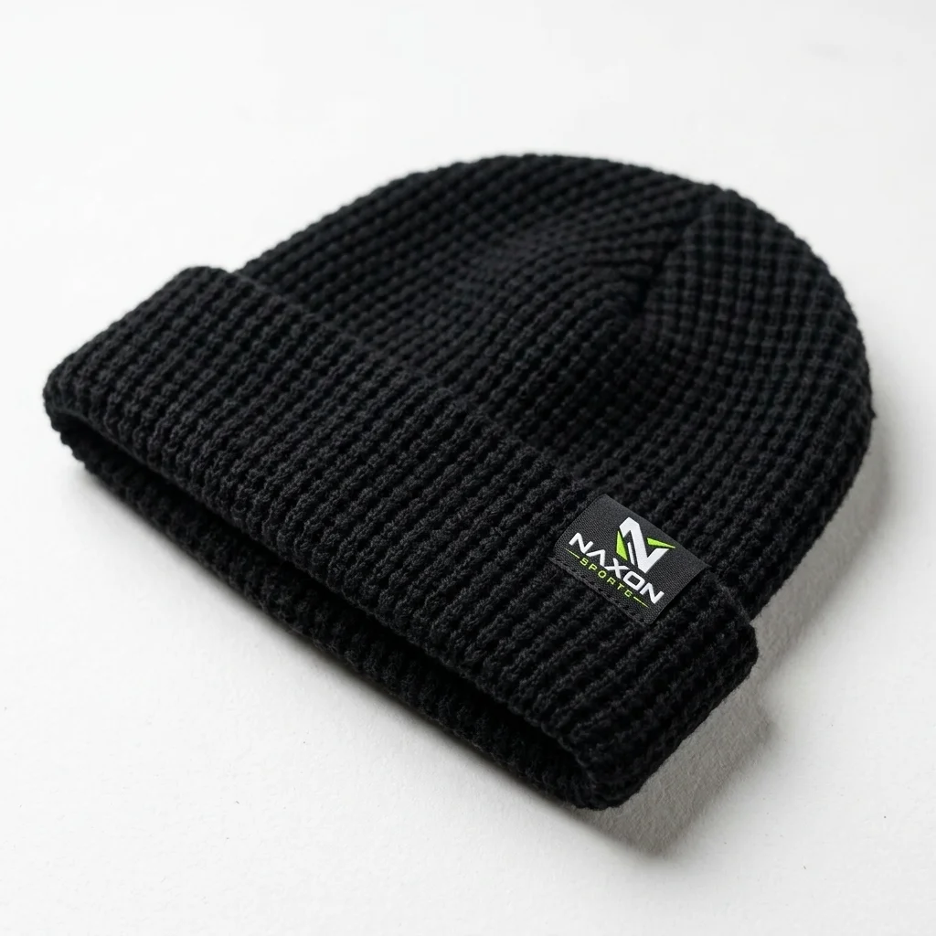 Custom waffle knit beanie with tag by Naxon Sports
