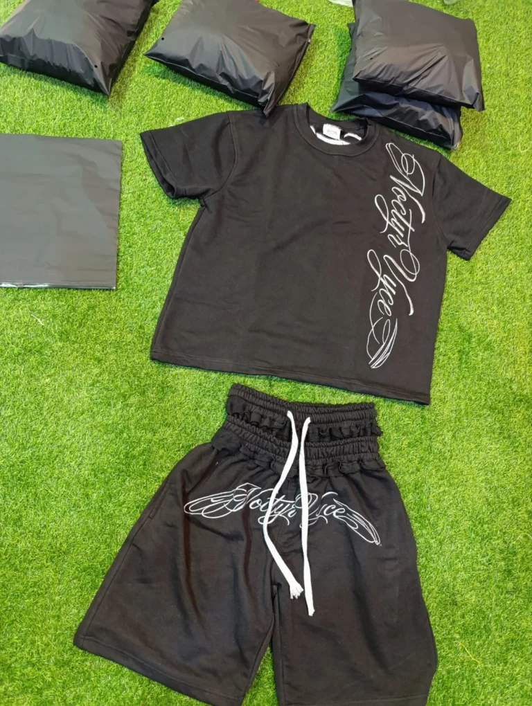 Custom black t-shirt and shorts set with script print – made by Naxon Sports