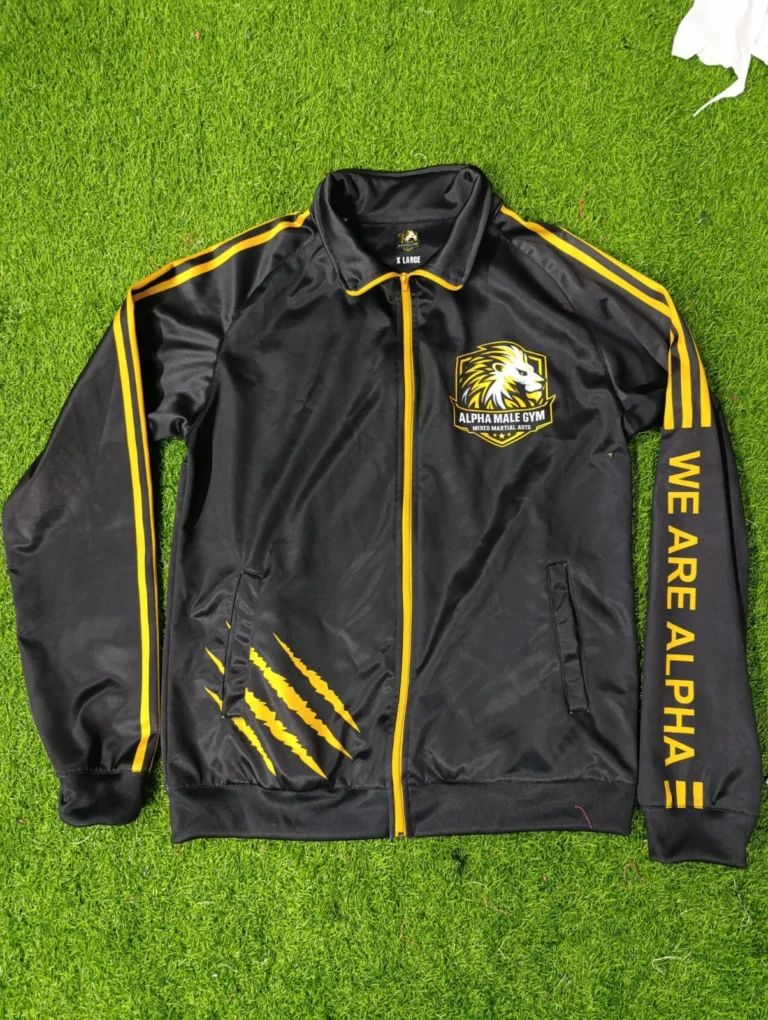 Custom black track jacket with gold stripes and logo – made by Naxon Sports