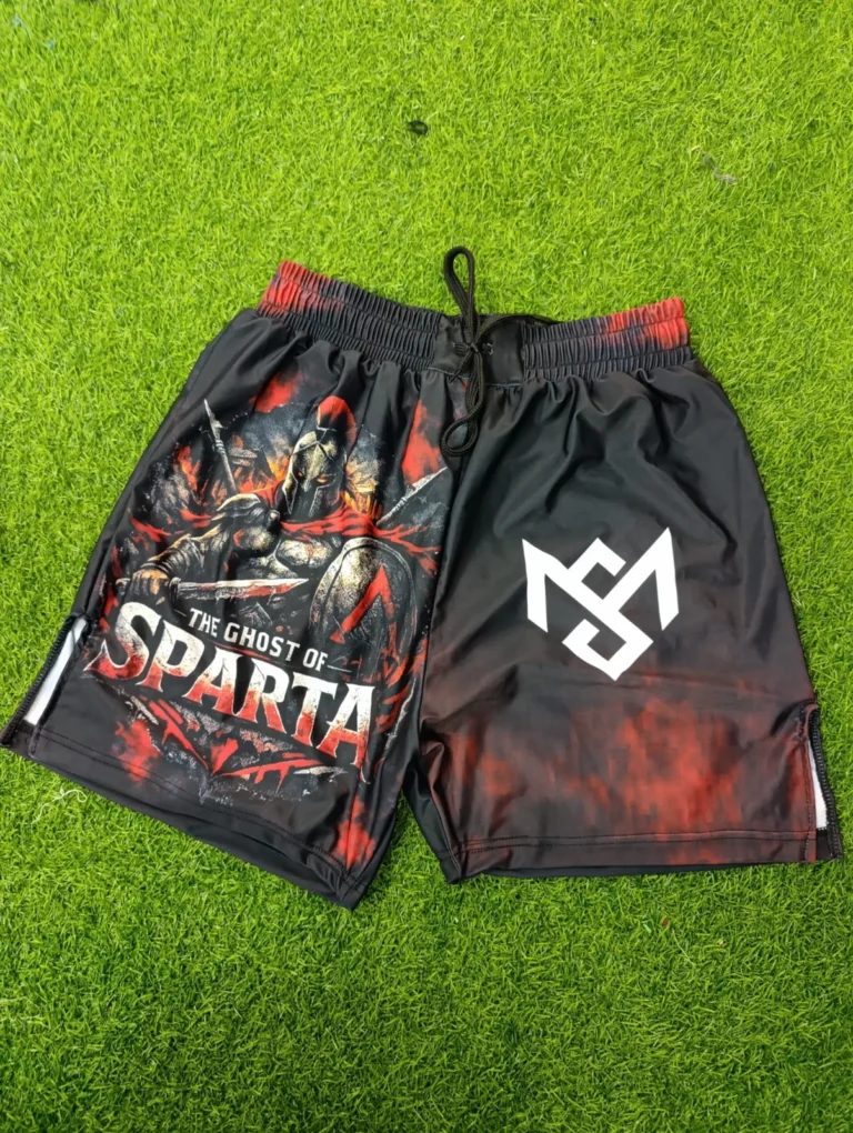 Custom sublimated MMA shorts with Spartan print – made by Naxon Sports